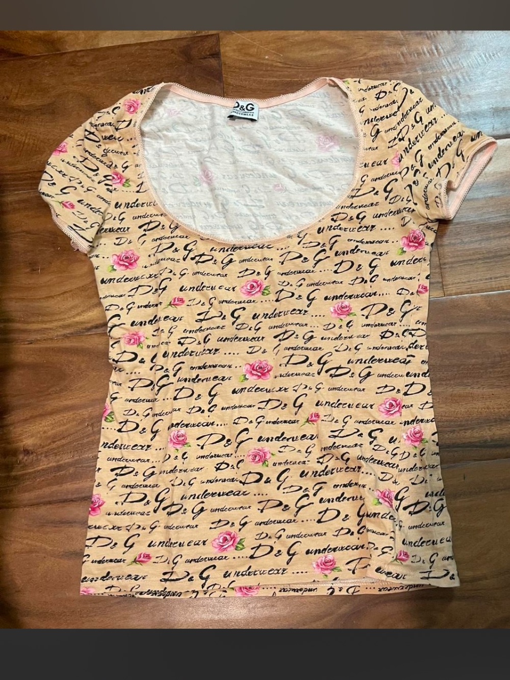 D&G Peach Script Scoop Neck Tee with Pink Rose Accents